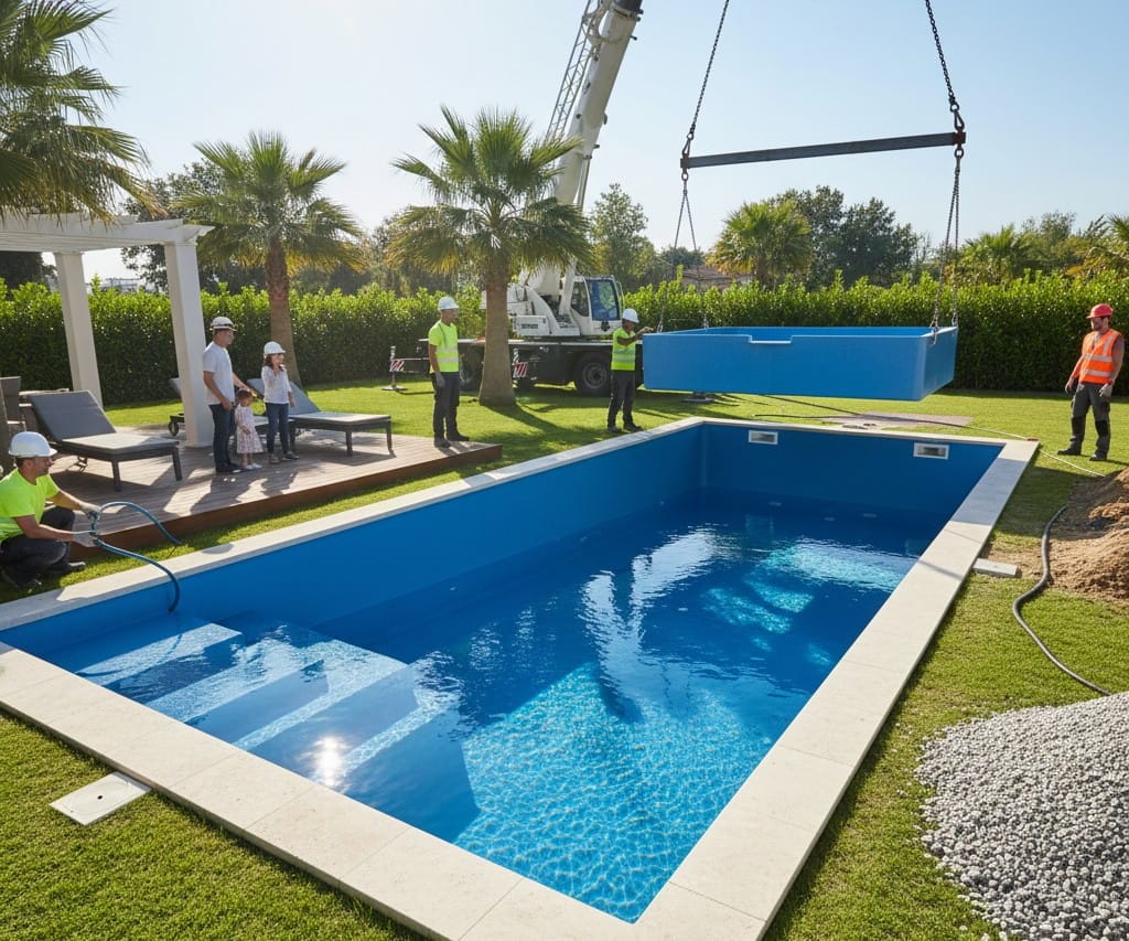 Instalación de una piscina de poliéster reforzado con fibra de vidrio en un jardín residencial privado.