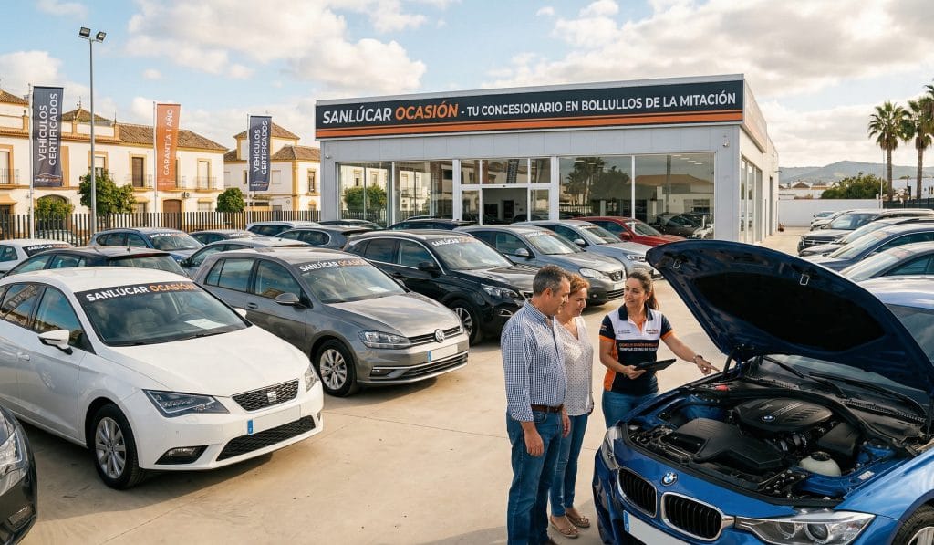 Cliente y asesor profesional revisando el motor y la documentación de un coche de ocasión en el concesionario Sanlúcar Ocasión en Bollullos de la Mitación, Sevilla.
