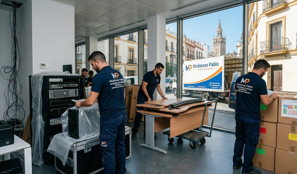 Equipo de mudanzas profesionales realizando el embalaje de puestos de trabajo y servidores para un traslado de oficina en Sevilla.