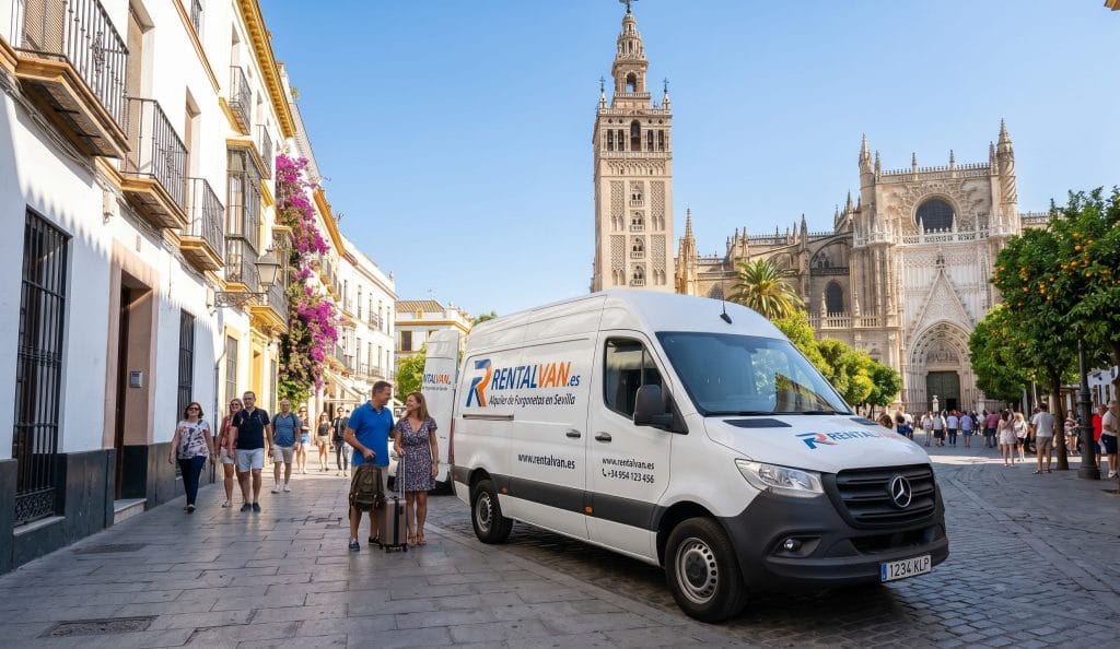 Flota de furgonetas industriales modernas disponibles para alquiler sin conductor por horas aparcadas en las instalaciones de RentalVan en Sevilla.