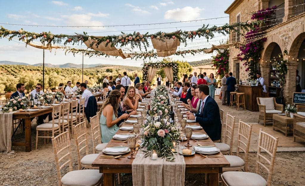 Conjunto de mobiliario elegante para eventos en Sevilla con mesas y sillas de diseño en una hacienda.