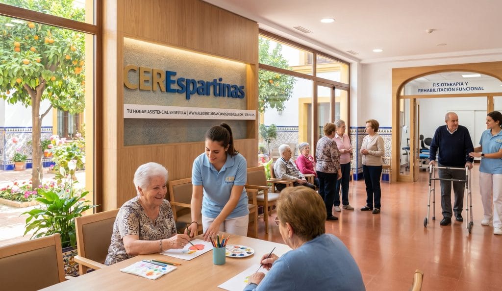 Residente de la tercera edad realizando ejercicios de estimulación cognitiva guiado por una terapeuta en una sala iluminada y adaptada de una residencia en Sevilla.