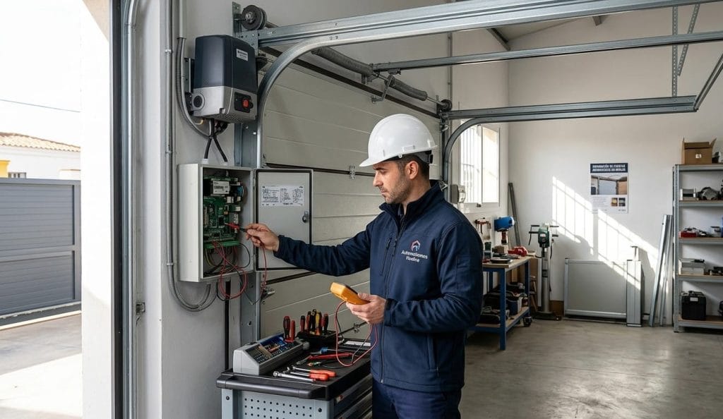 Técnico profesional de Automatismos Huelva ajustando el cuadro de control de una puerta automática de garaje.