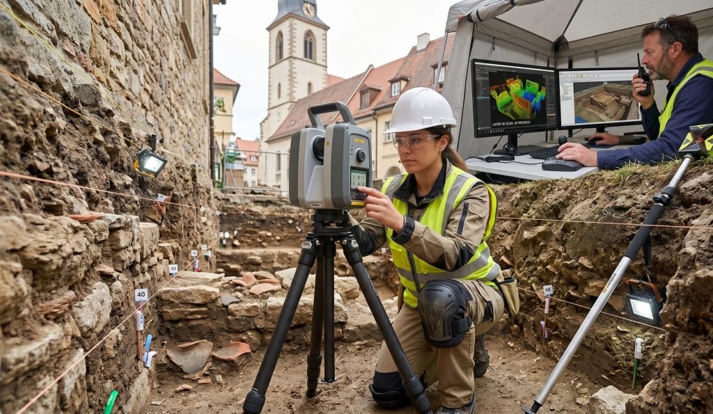 Ingeniero topógrafo realizando el replanteo de una parcela urbana en Alcalá de Guadaíra utilizando tecnología GPS.