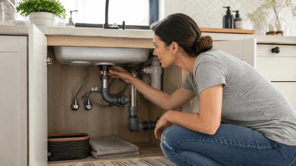 Persona revisando una instalación de fontanería bajo el lavabo para mejorar la eficiencia del hogar en Sevilla